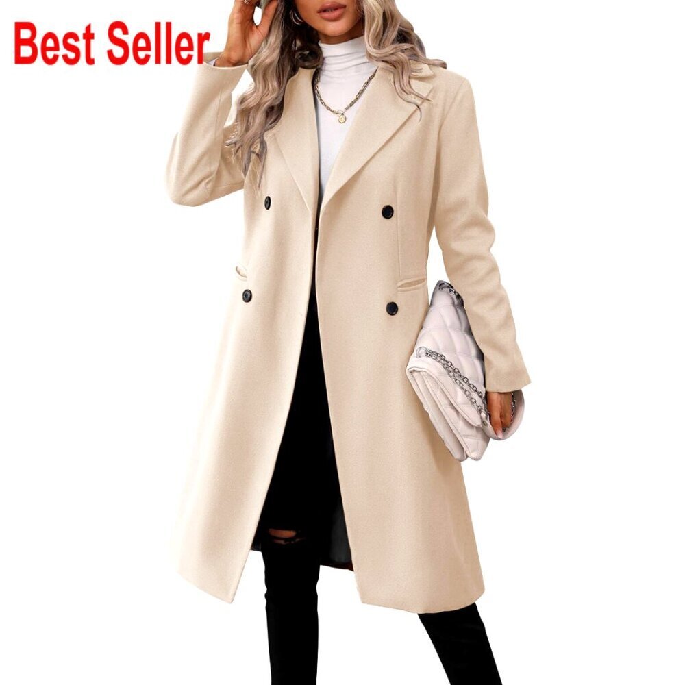 Long Double Breasted Pea Coat Slim Fit Classic Lapel Collar Winter Jacket